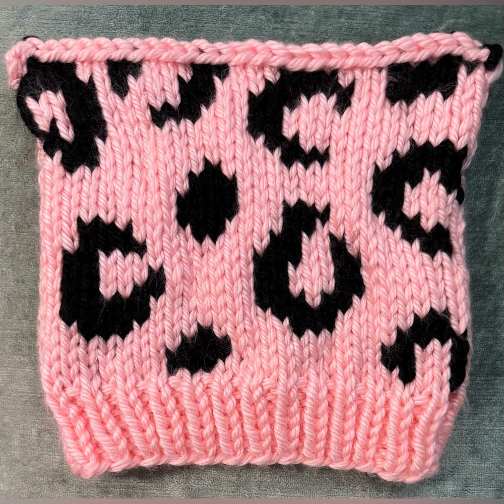 Handmade Hand Crafted Knit Leopard Print Cat Hat Pink and Black